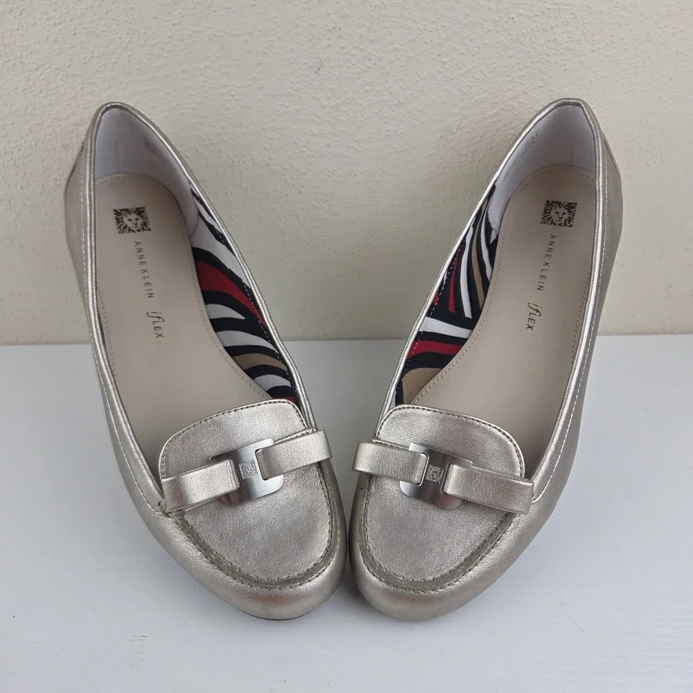 Anne Klein Jaren Gold Metallic Faux‎ Leather iFlex Loafers Women's Size 8.5 M